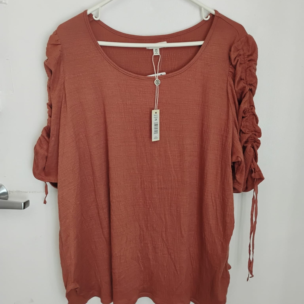 MAX STUDIO Women's Rust Top with Ruched Sleeves